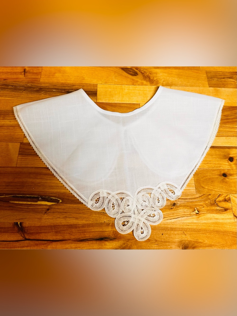 Vintage HANDMADE Battenberg Lace Collar - 100% Cotton Floral Embroidered White